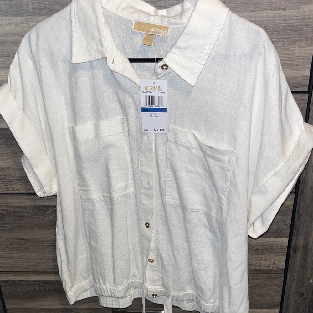 Women Linen Michael Kors Cream Button-Up Shirt with drawstring,front pockets.